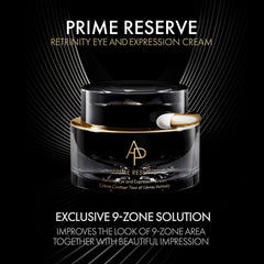 Black jar of Prime Reserve Retrinity Eye and Expression Cream on a dark background