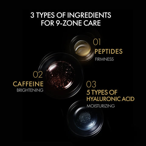 Three cosmetic containers with ingredients for 9-zone care on a black background