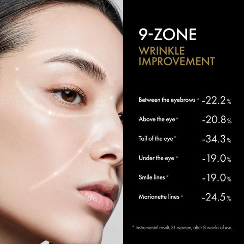 Facial close-up with wrinkle improvement percentages on a black background