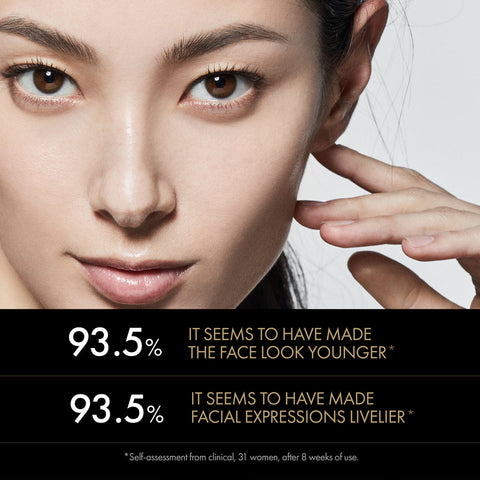 Close-up of a woman's face with text indicating product effectiveness on skin