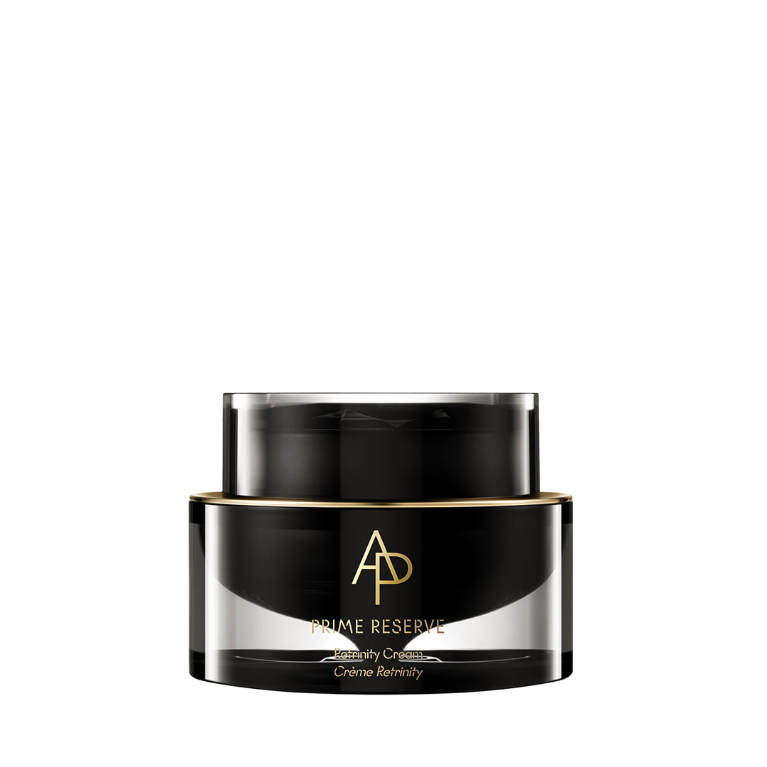 Black jar of Prime Reserve cream on a white background