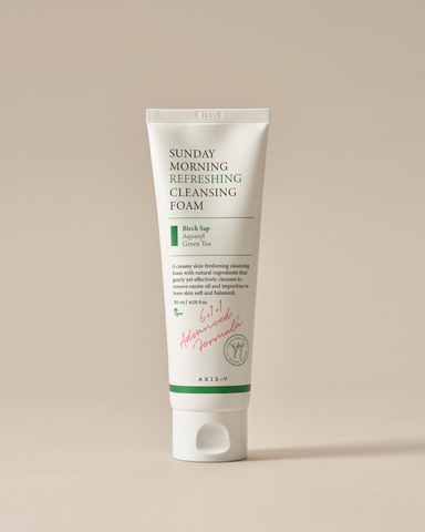 Tube of Sunday Morning Refreshing Cleansing Foam on a beige background