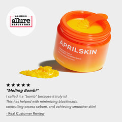 Orange jar of Aprilskin cleansing balm with a customer review on a white background