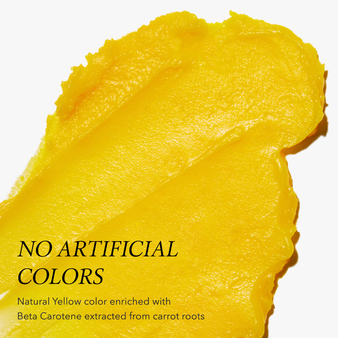 Close-up of a yellow color swatch with text about natural color and beta carotene source.