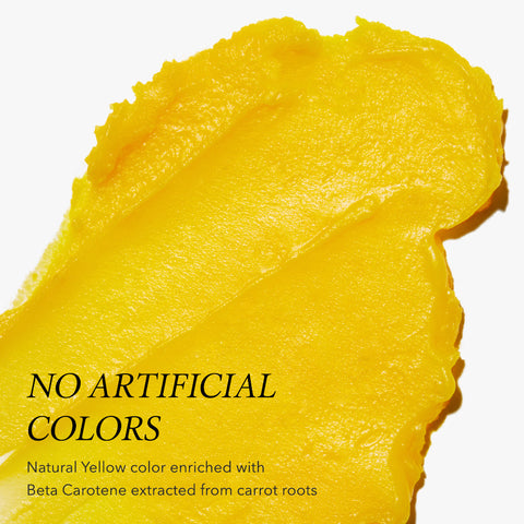 Close-up of a yellow color swatch with text about natural color and beta carotene source.