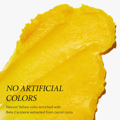 Close-up of a yellow color swatch with text about natural color and beta carotene source.