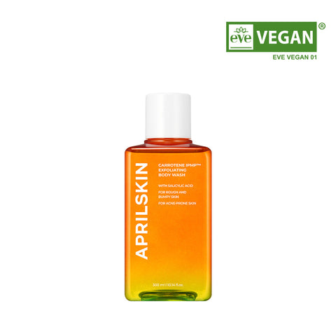 Orange bottle of Aprilskin skincare product with 'Vegan' label on a white background