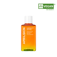 Orange bottle of Aprilskin skincare product with 'Vegan' label on a white background