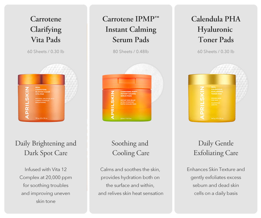 Three skincare product packages with descriptions on a white background