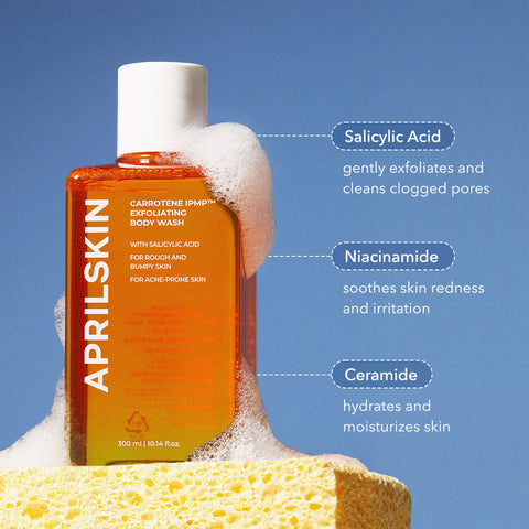 APRILSKIN body wash bottle with text on a blue background