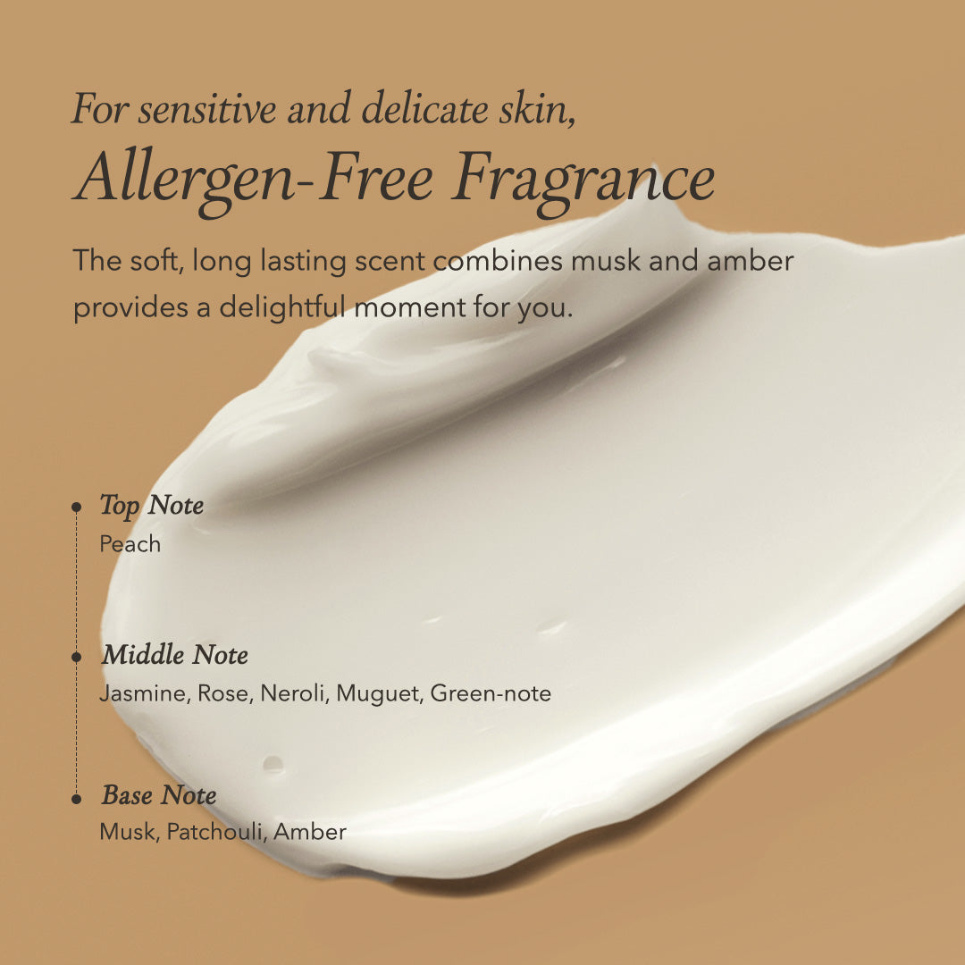 Product swatch with text about allergen-free fragrance on a brown background