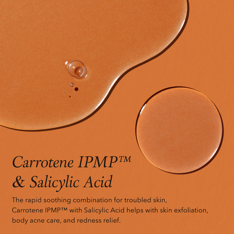 Carrotene IPMP and Salicylic Acid text on an orange background with droplets.