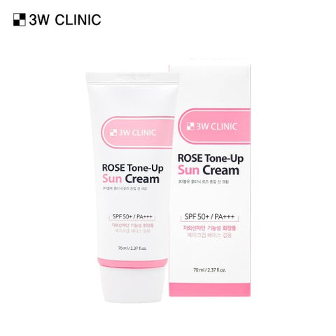 Two tubes of 3W Clinic Rose Tone-Up Sun Cream on a white background