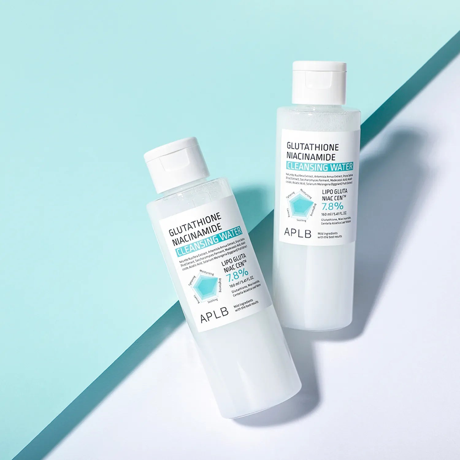 Two bottles of APLB skincare product on a light blue and white background