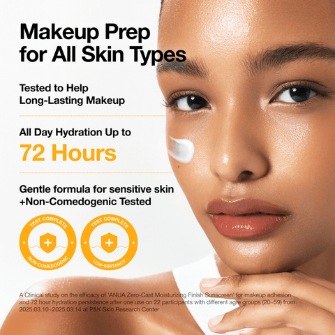 Advertisement for makeup prep product with a woman's face and text about hydration and skin types.