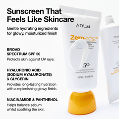 Anua sunscreen bottle with text highlighting features on a white background