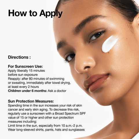 Woman applying sunscreen with text on sun protection and application