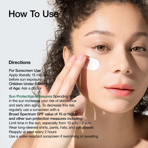 Woman applying sunscreen with text on how to use it