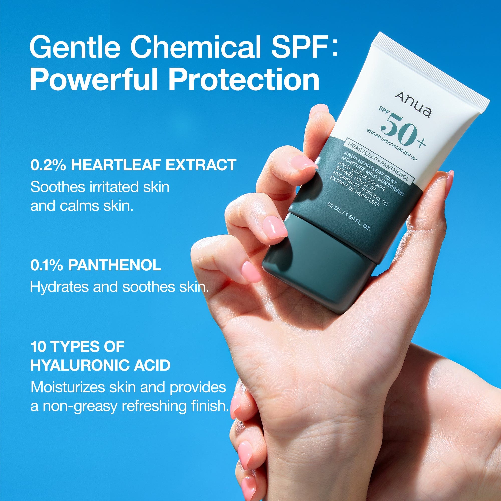 Hand holding a skincare product with text about gentle chemical SPF and ingredients on a blue background