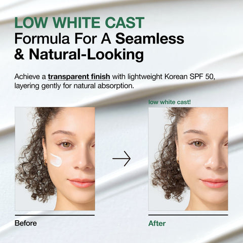 Before and after comparison of a woman's face with text about a low white cast formula.