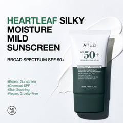 Anua Heartleaf Silky Moisture Mild Sunscreen SPF 50+ on a white background