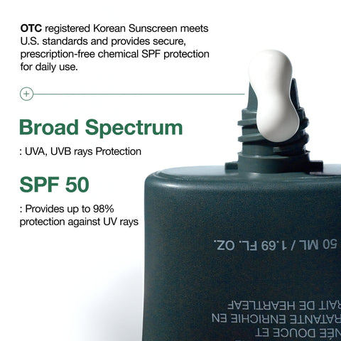 Korean sunscreen bottle with SPF 50 and UVA/UVB protection information on a white background.