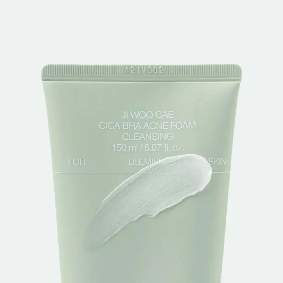 Tube of JI WOO GAE CICA BHA ACNE FOAM CLEANSING on a white background