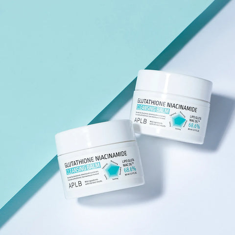Two jars of APLB Glutathione Niacinamide Cleansing Balm on a light blue and white background