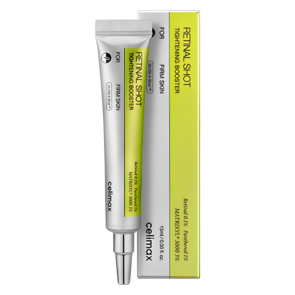Retinol shot tightening booster with packaging on a white background