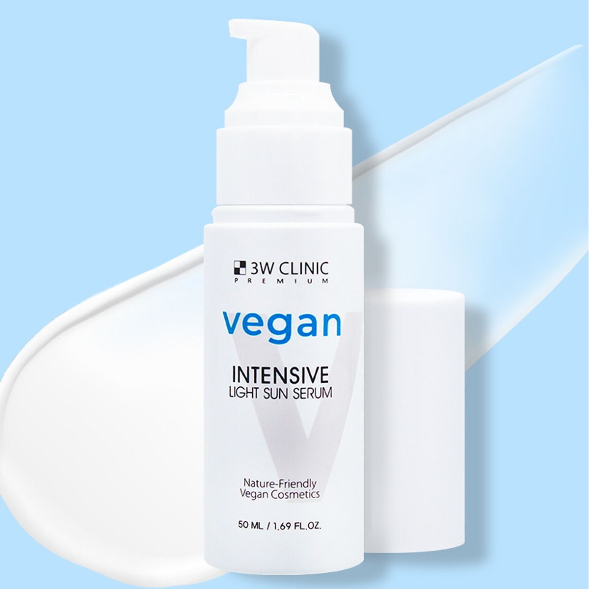 3W Clinic Vegan Intensive Light Sun Serum bottle on a light blue background
