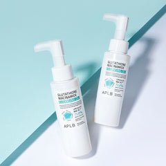 Two bottles of APLB skincare product on a light blue and white background