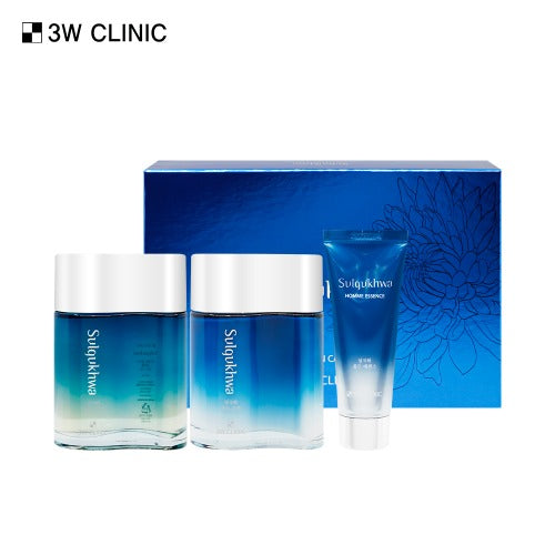 Skincare product set with bottles and a tube on a white background, featuring the brand '3W Clinic'.