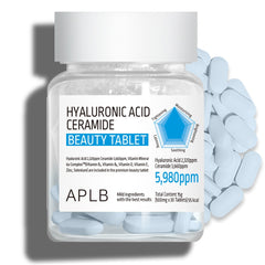 Bottle of Hyaluronic Acid Ceramide Beauty Tablets with packaging and tablets on a white background