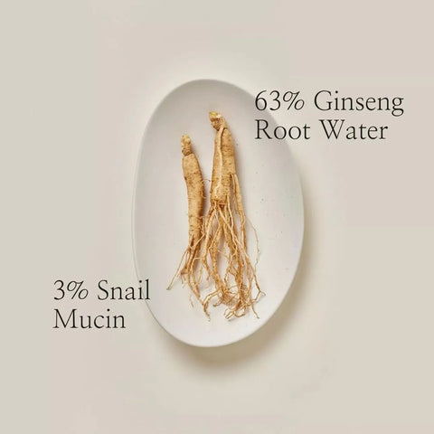 Two ginseng roots on a white plate with text indicating ginseng root water and snail mucin percentages.