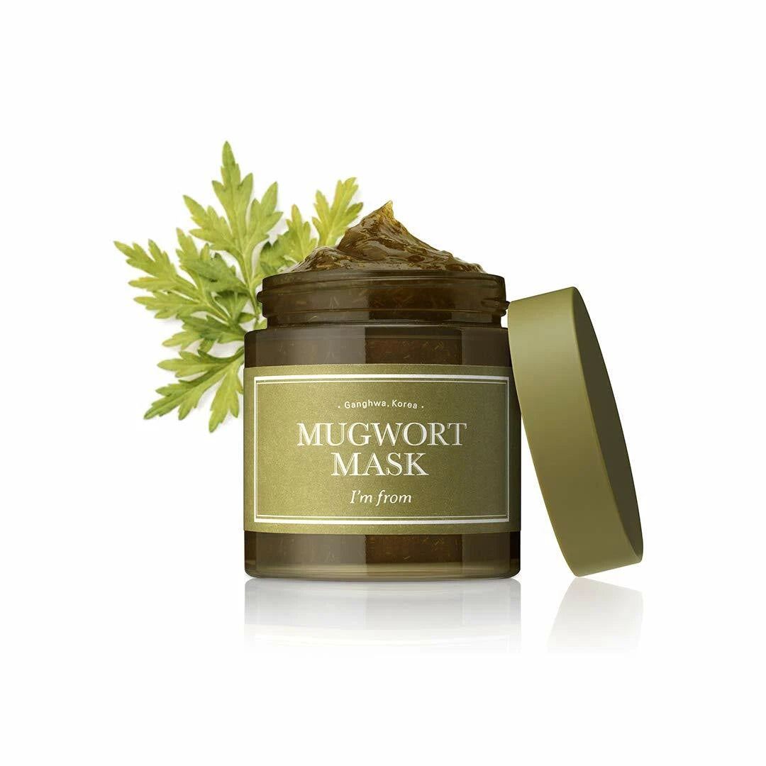 Mugwort mask jar with leaves on a white background
