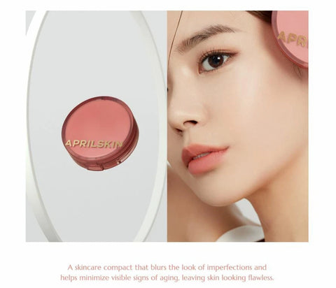 APRILSKIN skincare compact with a close-up of a person's face, highlighting the product.